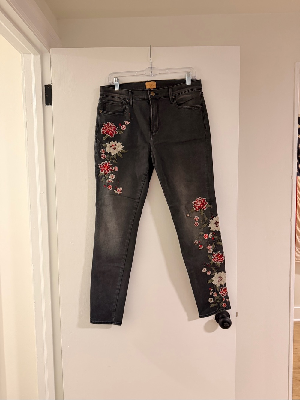 DRIFTWOOD Black Straight-Leg Jeans with Red & Cream Floral Embroidery
